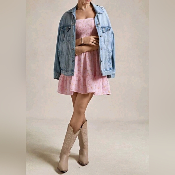 Boutique Dresses & Skirts - New Boho Floral Print Cotton Smocked Cami Short Dress Pink Yellow